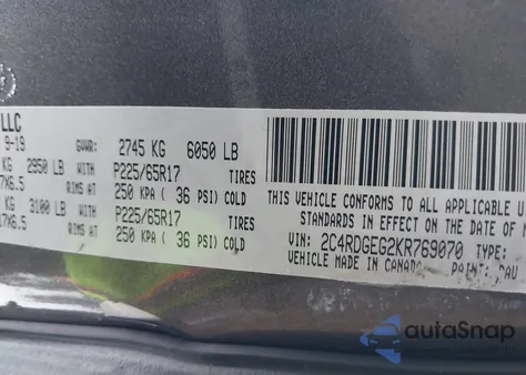 2019 Dodge Grand Caravan Gt из США, поврежденный, VIN 2C4RDGEG2KR769070